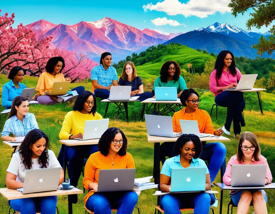 A vibrant collage of diverse bloggers from Georgia engaging in animated discussions, surrounded by laptops and notepads, symbolizing teamwork and inspiration. Include elements of the Georgia landscape in the background, such as mountains and peach trees, to reflect regional identity. Bright colors and dynamic energy should highlight the transformative power of collaboration. super-realistic. vibrant colors.
