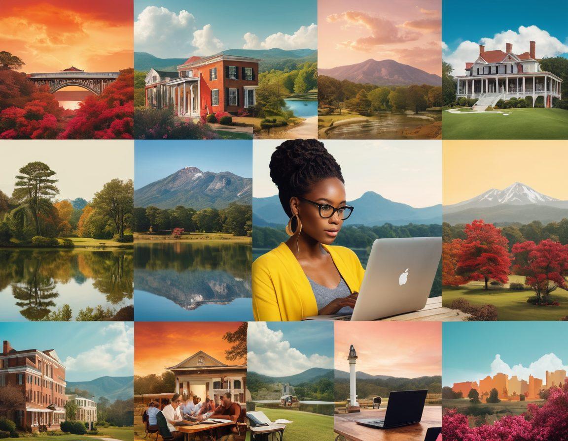 A vibrant collage depicting diverse individuals collaboratively working on digital storytelling projects, set against a backdrop of Georgia's iconic landscapes. Include elements like laptops, brainstorming sessions, and digital artistic tools, emphasizing teamwork and creativity. Infuse warm, inviting colors that reflect Southern hospitality and innovation. Add subtle hints of traditional Georgian culture in design elements. super-realistic. vibrant colors. 3D.