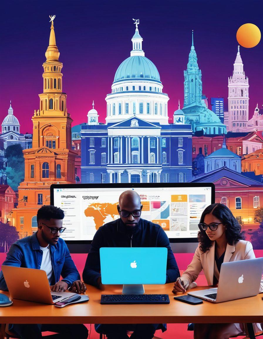 A diverse group of passionate bloggers collaborating over a digital workspace, showcasing laptops and brainstorming ideas. The backdrop features iconic Georgian landmarks, symbolizing unity and innovation within the online community. Colors should be vibrant to represent creativity and teamwork, with elements like social media icons and lightbulbs illustrating bright ideas. super-realistic. vibrant colors. 3D.
